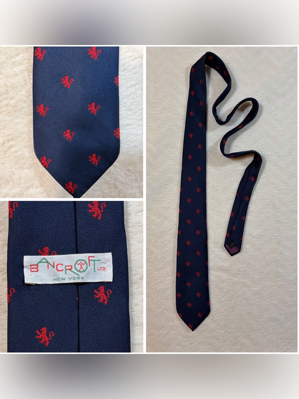 Bancroft Ltd. Men's Lion Crest Print Navy Red 100% Polyester Woven Classic‎ Tie